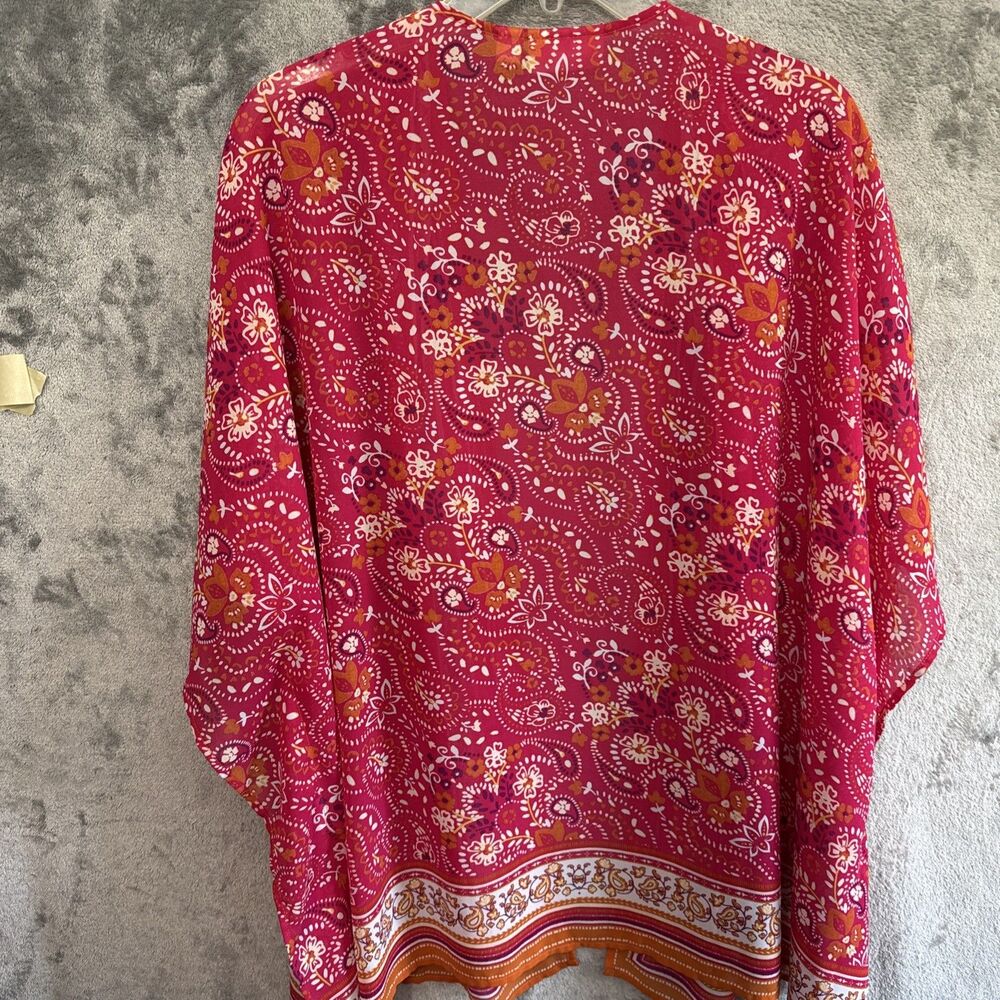 Belle by kim gravel xl tops blouse red white floral kimono cardigan - Picture 5 of 7
